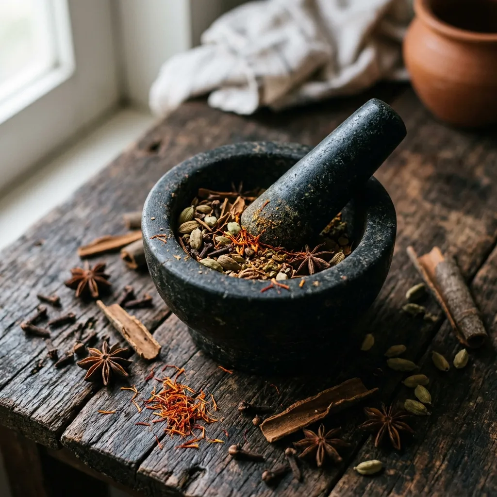 Exquisite Indian spices arrayed on dark stone